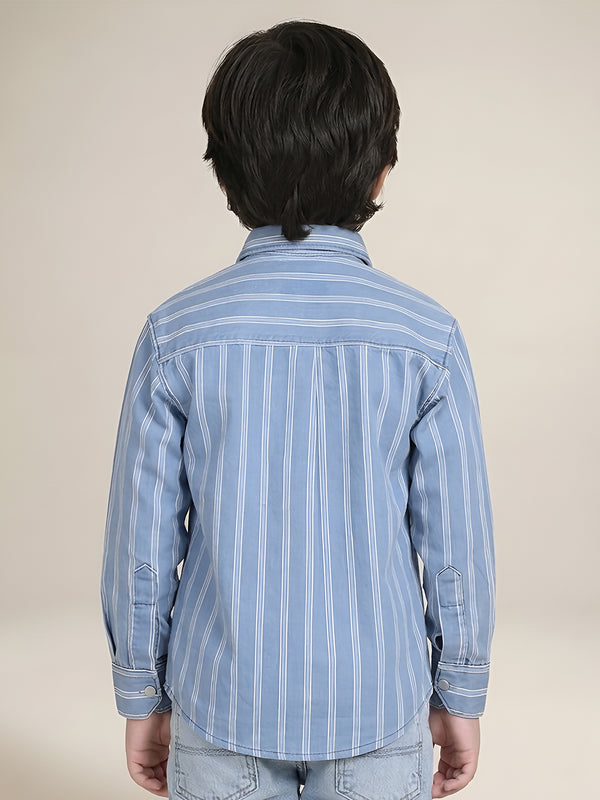 Polka Tots Full Sleeves Cotton Striped Shirt - Blue