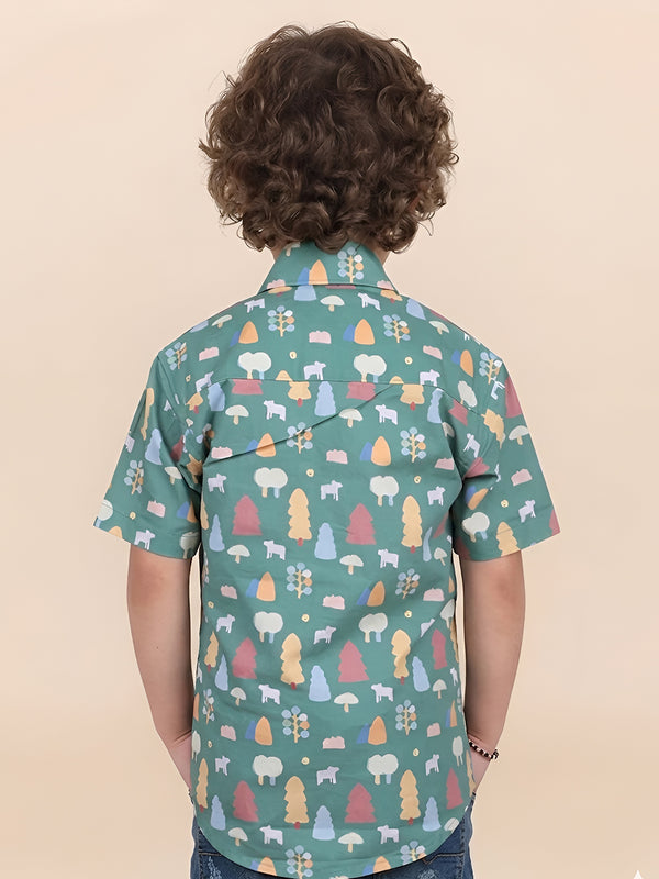 Polka Tots Half Sleeves Trees print Shirt - Dark Green