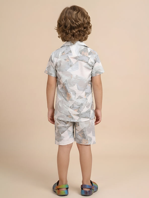 Polka Tots Cotton Half Sleeves Shirt With Shorts/Co-ord - White