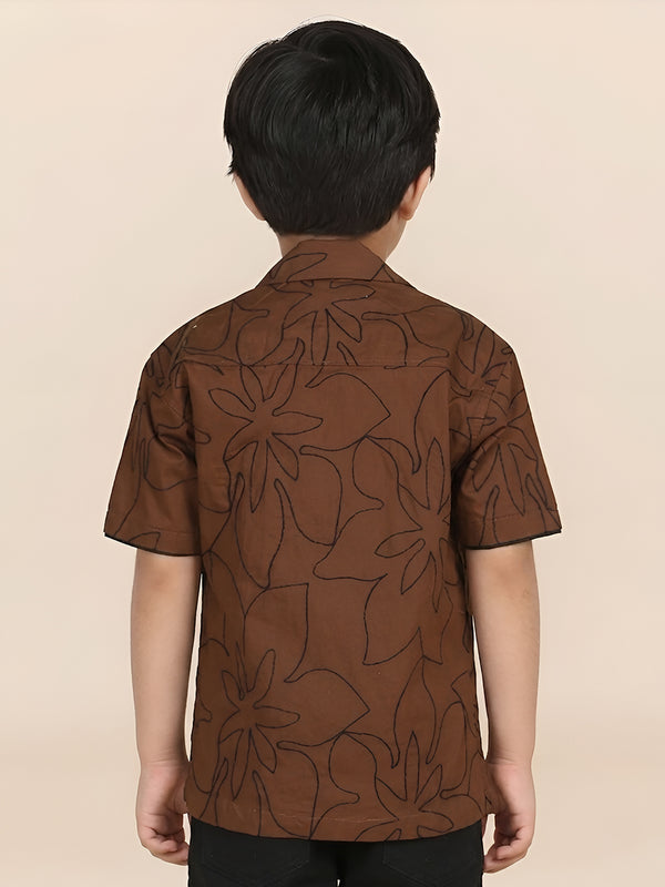 Polka Tots Half Sleeves Embroidered Shirt  - Brown