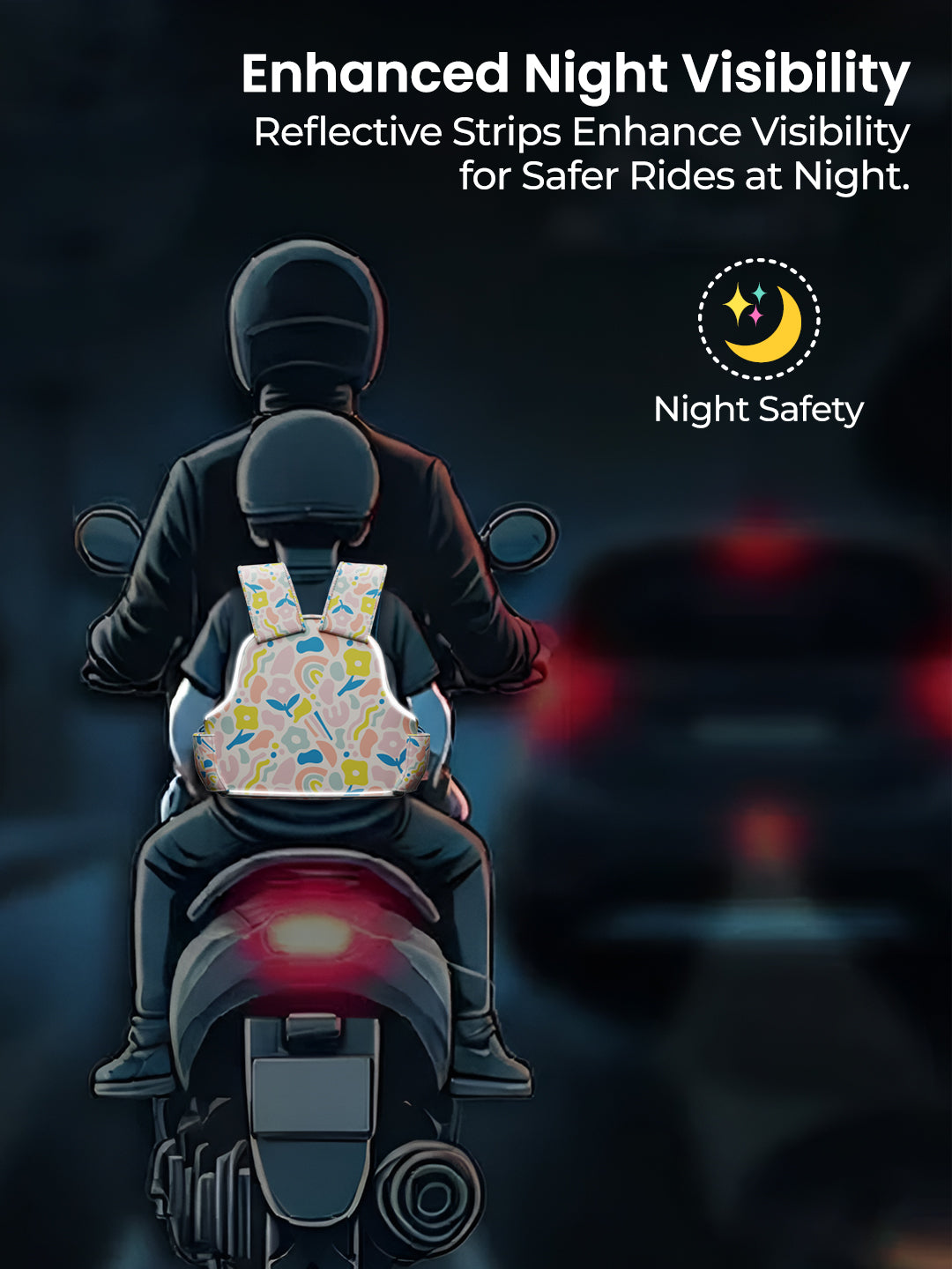 Person on a motorcycle wearing a reflective safety vest with text about enhanced night visibility.