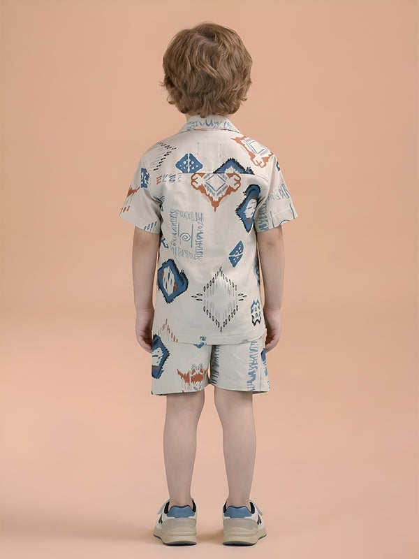 Polka Tots Half Sleeves Abstract print Co-ords - Cream