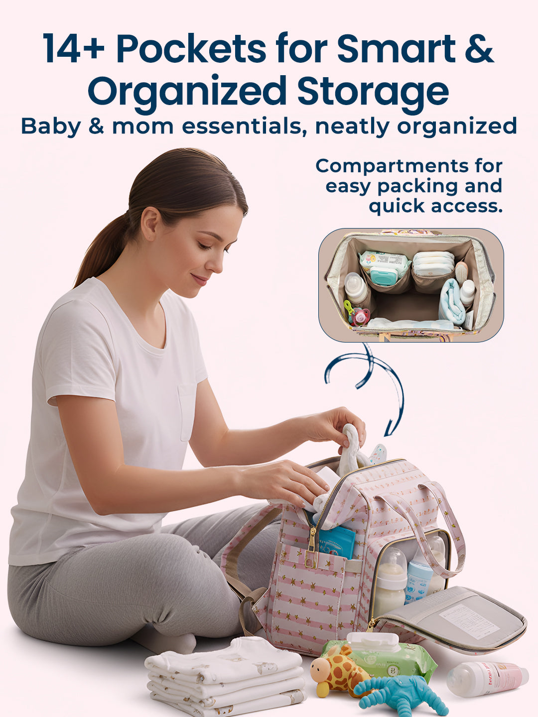 Woman organizing baby essentials in a bag with text about storage compartments.