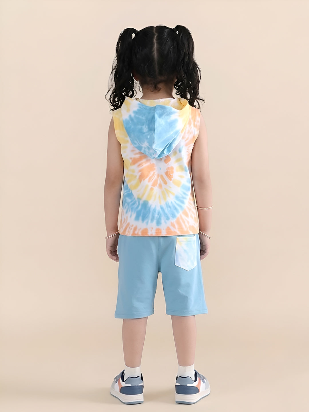 Polka Tots Sleeveless Tie dye print T-Shirt Shorts with attached Hoodie - Multicolor