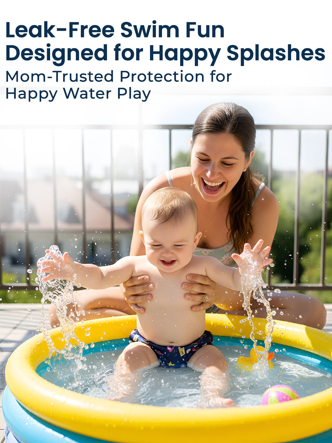 Woman and child playing in a inflatable pool with text about leak-free swim fun and happy water play.