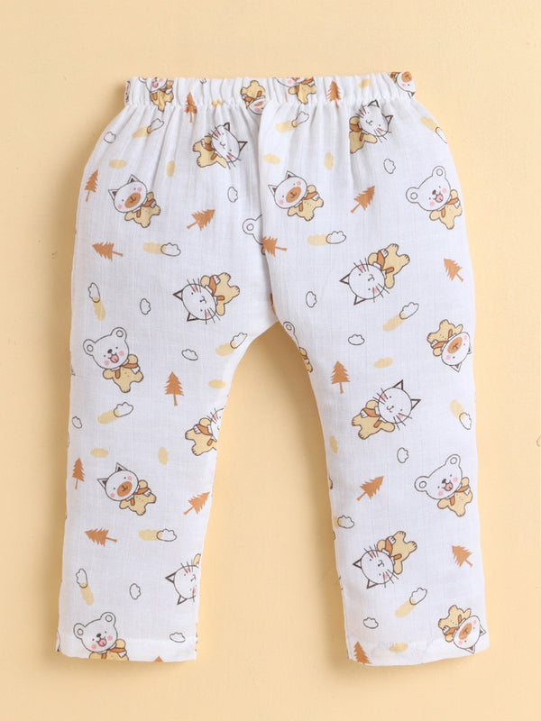 MulMul Sparsh Full Sleeve Animal Characters Print Muslin Jabla & Pant Set - White