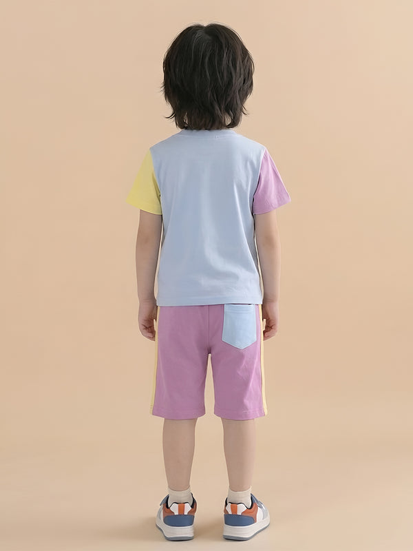 Polka Tots Half Sleeves Colorblock T-Shirt Shorts - Multicolor