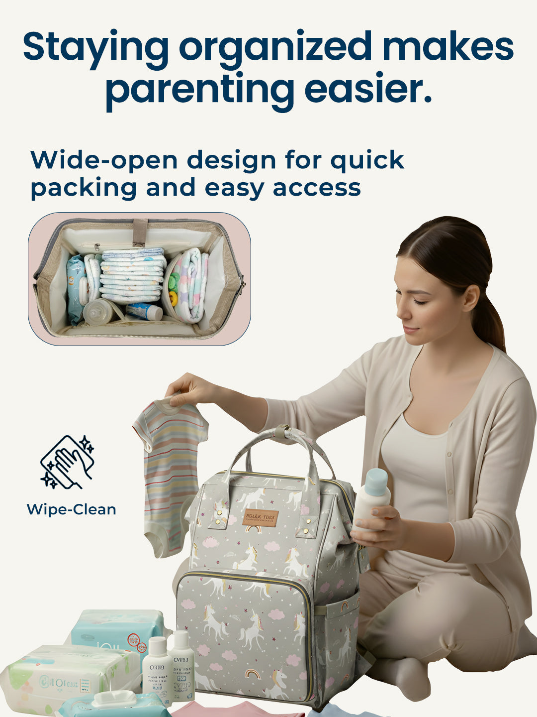 Woman organizing items in a patterned diaper bag with text about organization benefits.