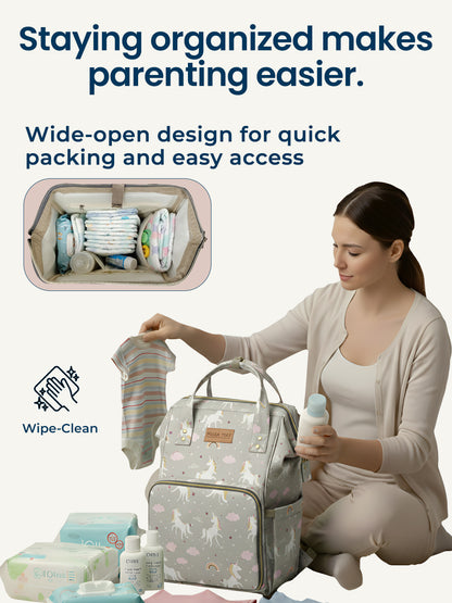 Woman organizing items in a patterned diaper bag with text about organization benefits.