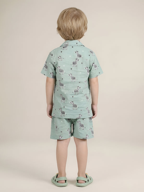 Polka Tots Half Sleeves Zebra Print Co-ords - Green