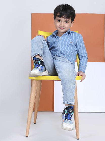 Polka Tots Full Sleeves Cotton Striped Shirt - Blue