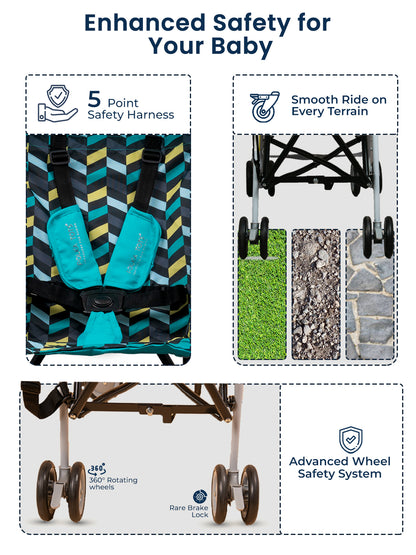 Stroller with safety harness, smooth ride on various terrains, and advanced wheel safety system features.