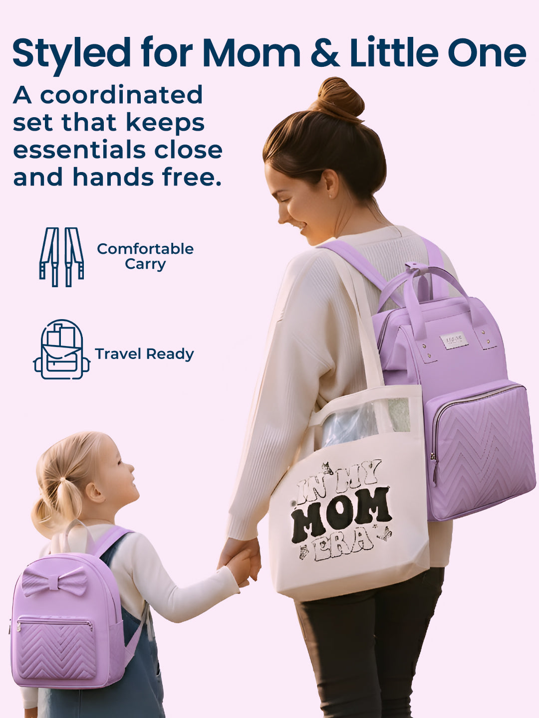 Woman and child with coordinated purple backpacks and tote bag on a light pink background