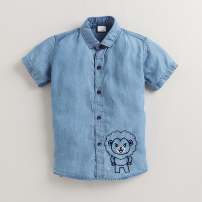 Polka Tots Denim Half Sleeves Lion Patch Shirt - Blue