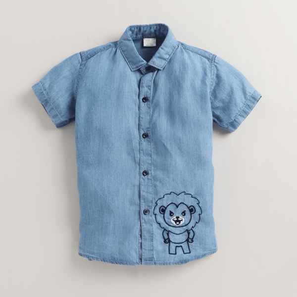 Polka Tots Denim Half Sleeves Lion Patch Shirt - Blue