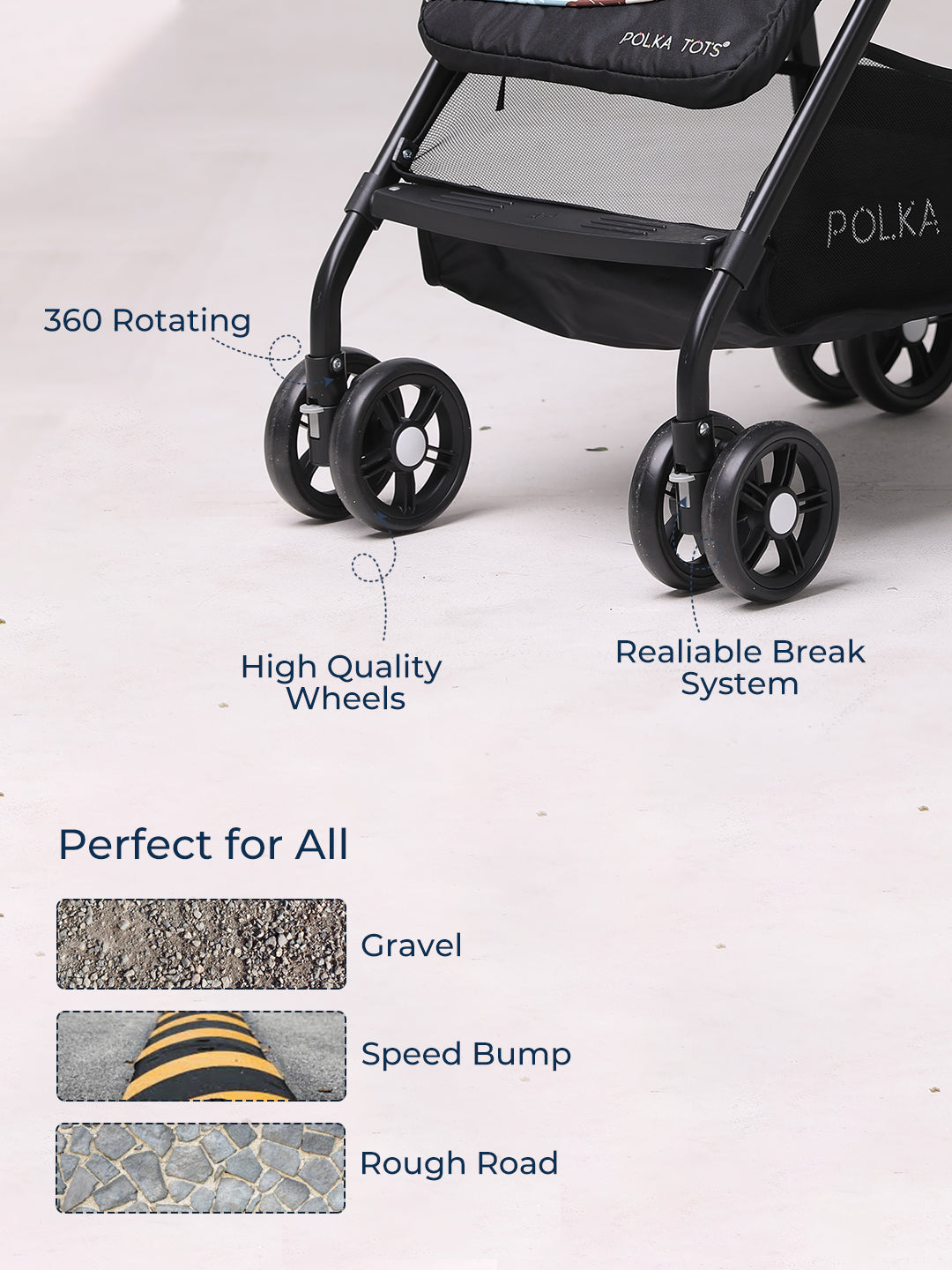 Black stroller with features highlighted on a white background