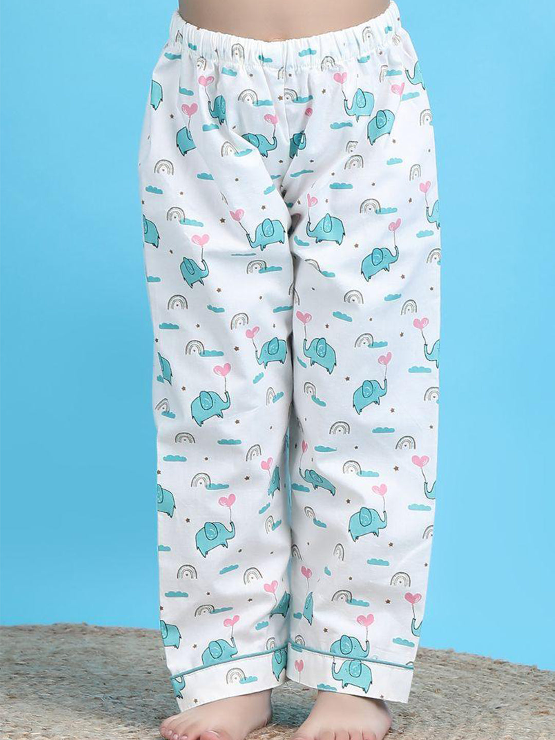 Polka Tots Half Sleeve Elephant print Night Suit -  White