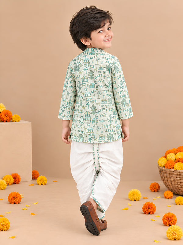 Polka Tots Cotton Full Sleeve Village Print Angrakha Top With Dhoti - Cream