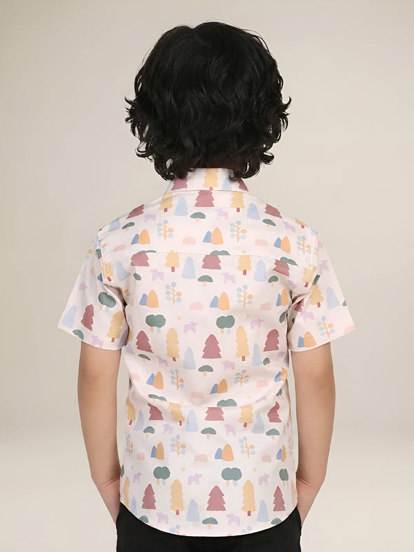 Polka Tots Half Sleeves Trees print Shirt - Off White