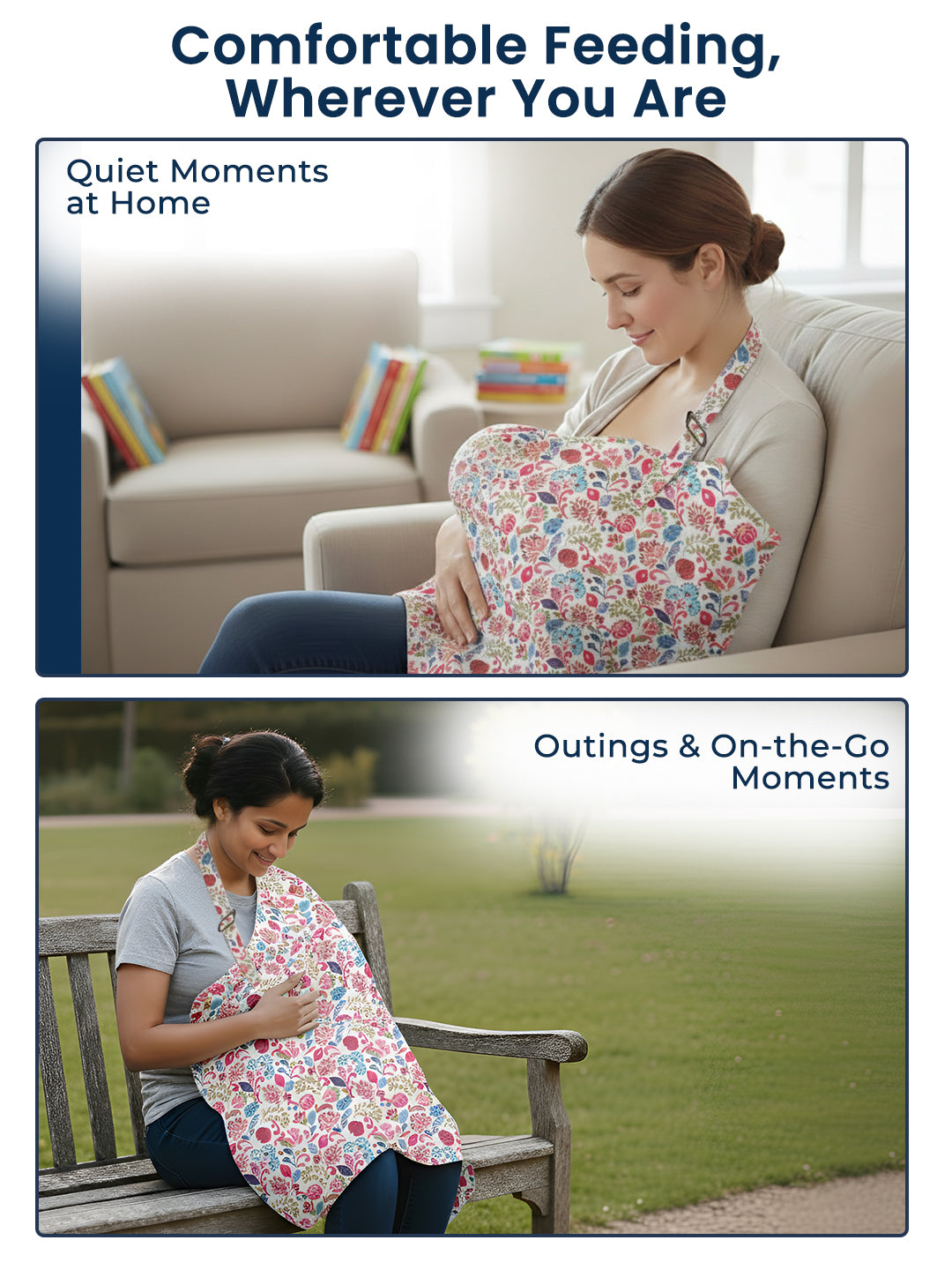 Woman wearing a floral baby feeding cover in two different settings: at home and outdoors.