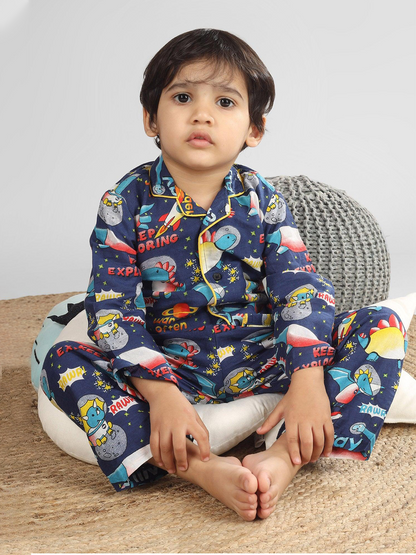 Polka Tots Full Sleeve Space print Night Suit - Blue