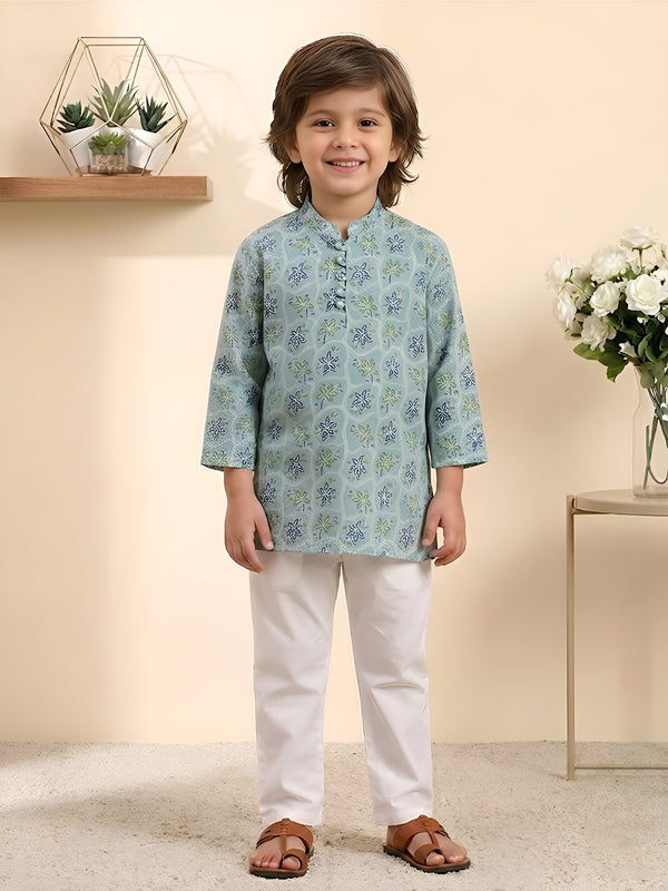 Polka Tots Cotton Full Sleeve Floral Printed Ethnic Kurta Pyjama Set - Green