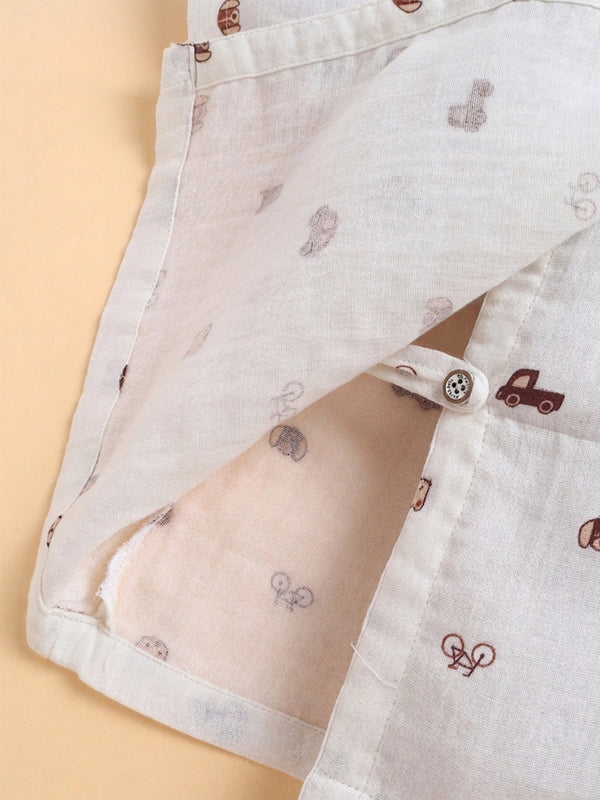 Polka Tots Wrinkled Muslin Cotton Playful Transport & Doodle Print Kediya Jhabla & Pant Set - Off White