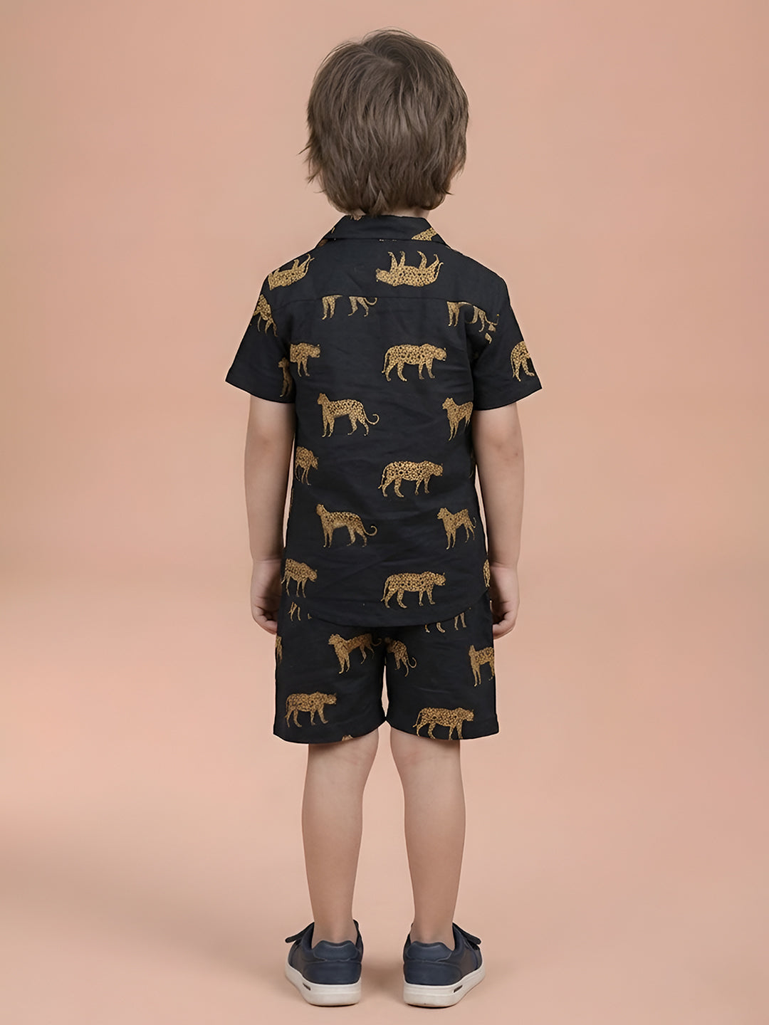 Polka Tots Half Sleeves Leopard print Co-ord Shorts - Black