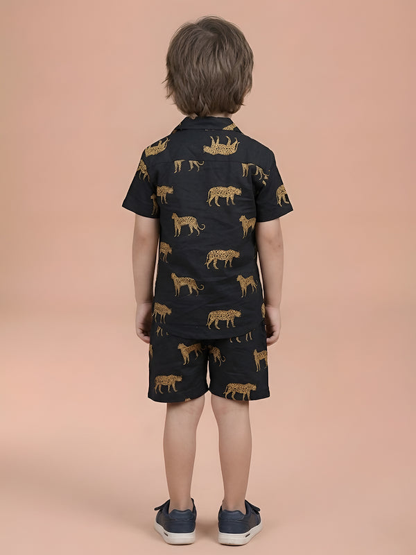 Polka Tots Half Sleeves Leopard print Co-ord Shorts - Black