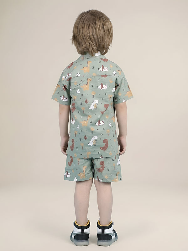 Polka Tots Half Sleeves Dinosaur print Shirt Shorts - Green