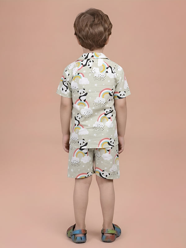 Polka Tots Half Sleeves Panda Rainbow Print Co-ord Shorts - Green