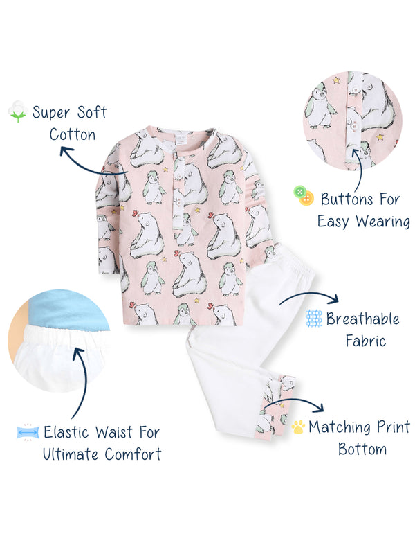 Polka Tots Bear print Full sleeves Nightwear Kurta pyjama set - White