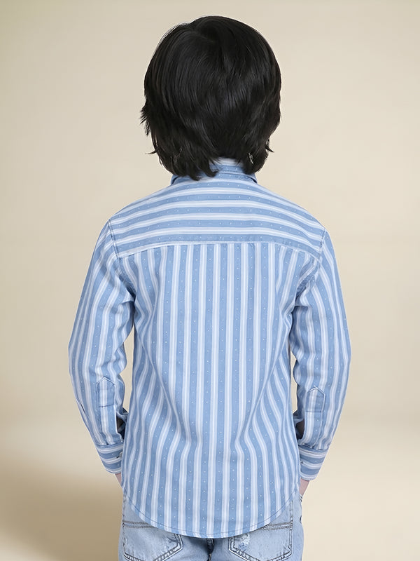 Polka Tots Full Sleeves Cotton Striped Shirt - Blue
