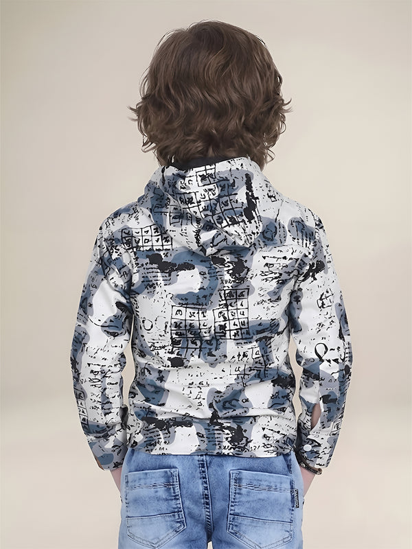 Polka Tots Full Sleeves Abstract Scribble Print Hooded Kids Shirt with Smiley Patch - Blue