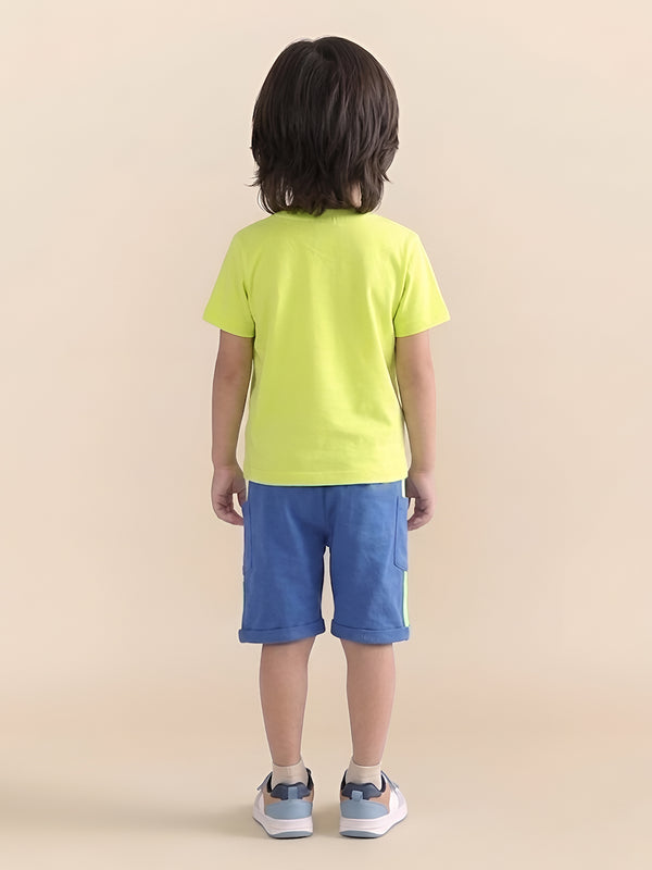 Polka Tots Half Sleeves Smile print T-Shirt Shorts - Neon and Blue