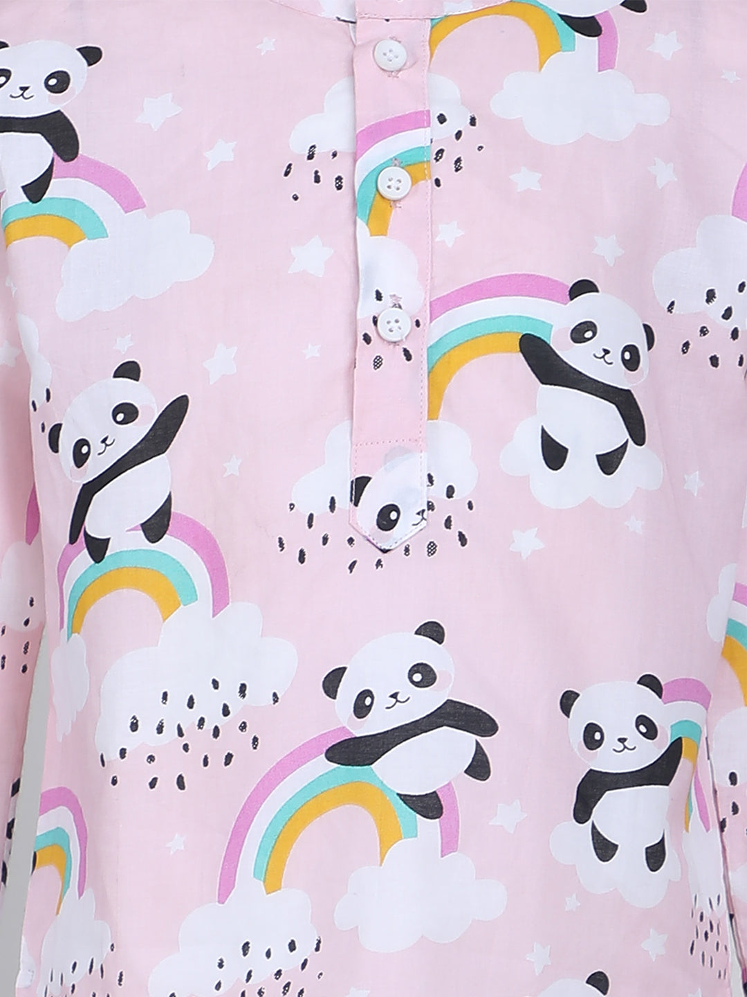 Polka Tots Panda Rainbow Print Full sleeves Nightwear Kurta pyjama set - Pink