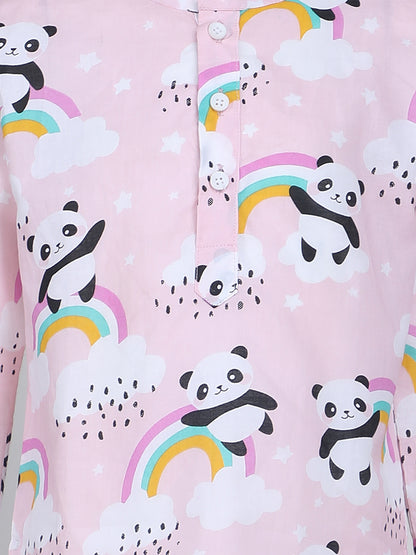 Polka Tots Panda Rainbow Print Full sleeves Nightwear Kurta pyjama set - Pink
