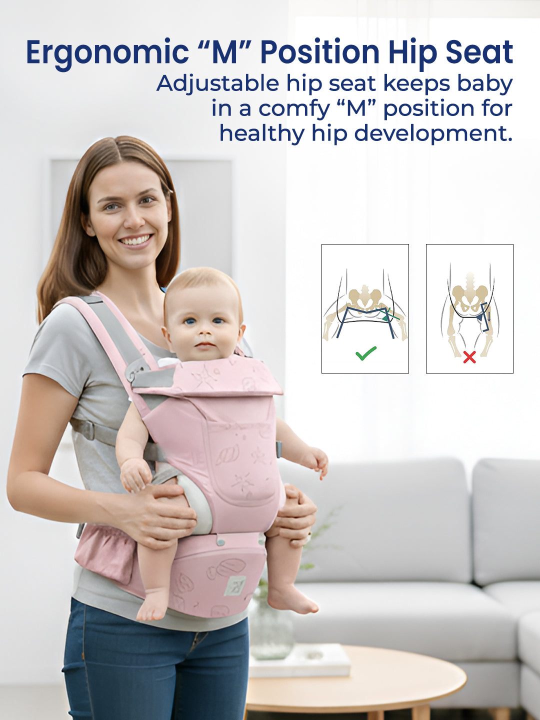 Woman holding a baby in a pink ergonomic hip seat carrier with text about its benefits.