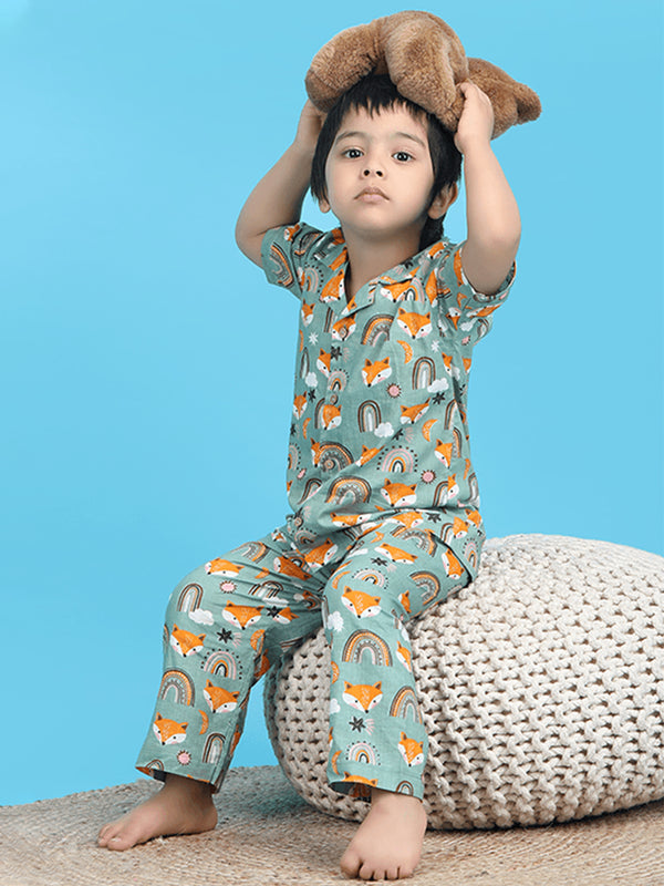 Polka Tots Half Sleeve Fox print Night Suit - Green