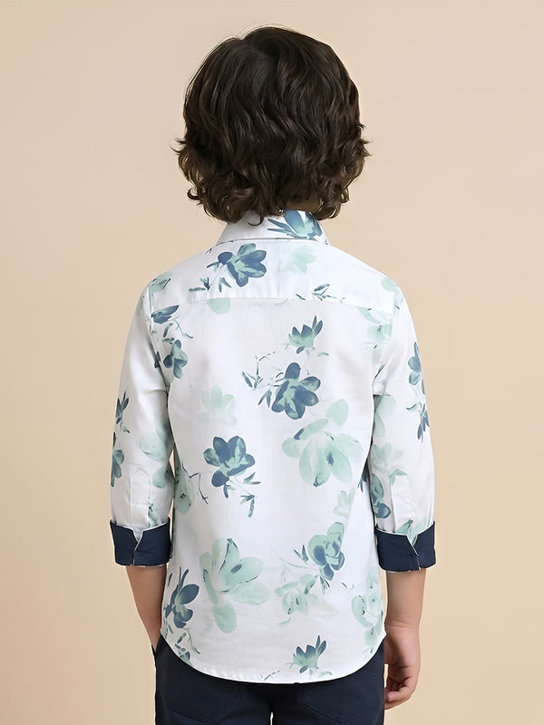 Polka Tots Full Sleeve Shirt Blue Floral Print - White