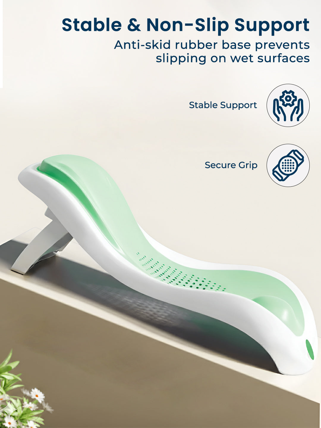 Green and white support device with text about stable and non-slip support on a beige background.