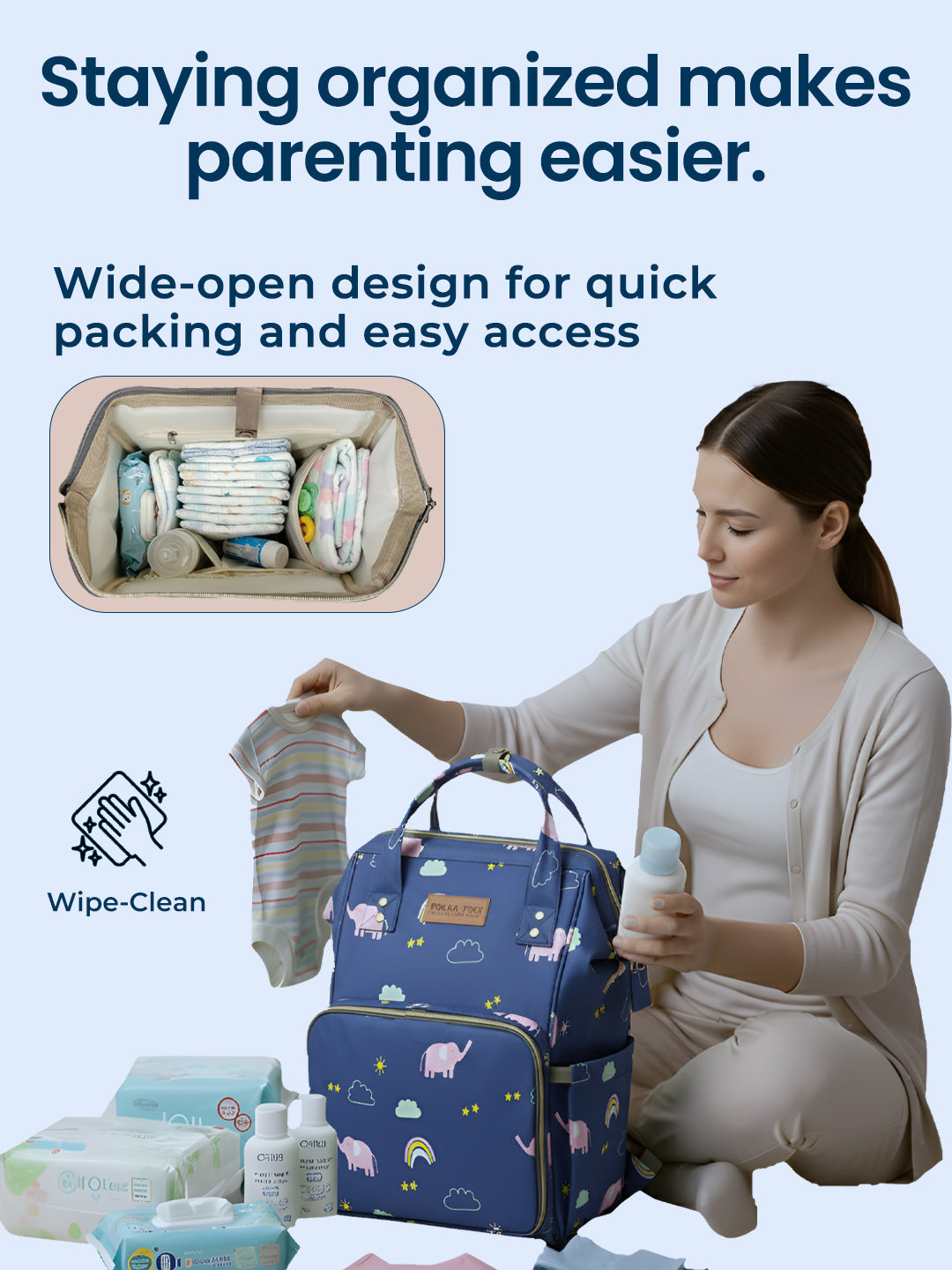 Woman organizing baby items with a blue diaper bag, text about organization benefits.