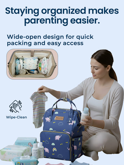 Woman organizing baby items with a blue diaper bag, text about organization benefits.