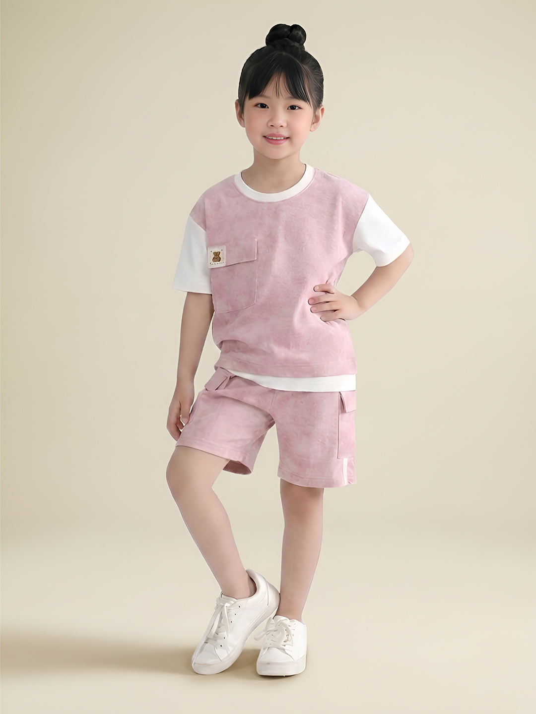 Polka Tots Half Sleeves Tie-Dye T-Shirt Shorts with Pocket Detail - Pink