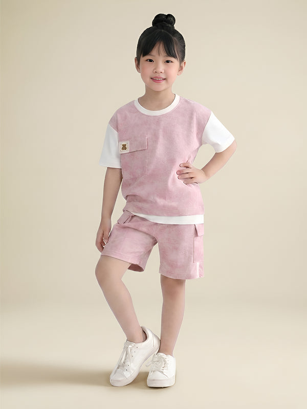 Polka Tots Half Sleeves Tie-Dye T-Shirt Shorts with Pocket Detail - Pink