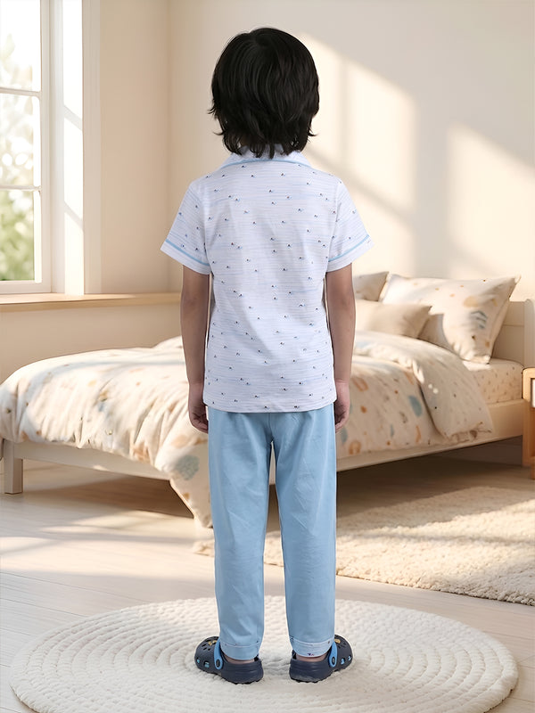Polka Tots Half sleeves Boat Print Night Suit - Blue