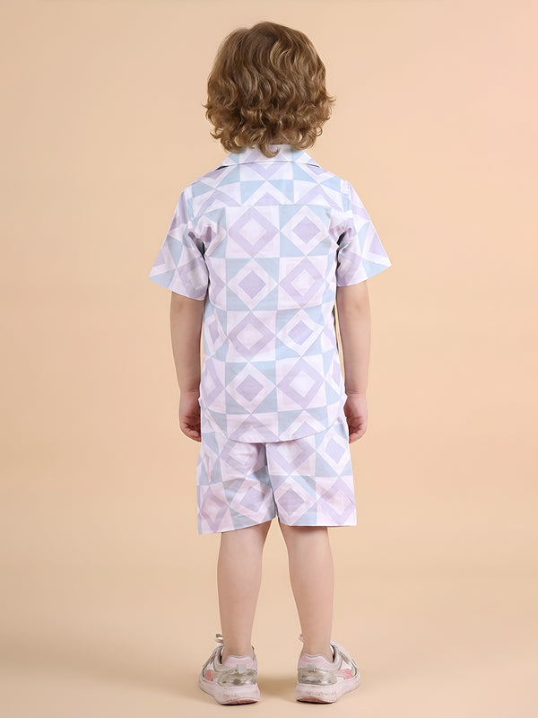 Polka Tots Half Sleeves Geometric print Co-ord Shorts - Blue