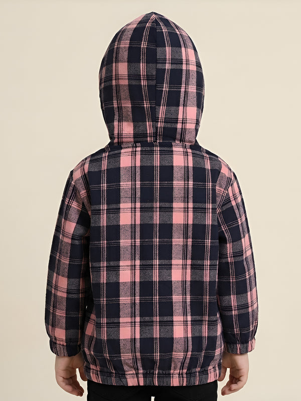 Polka Tots Kids Full Sleeves Checked Hoodie Shirt - Black and Orange
