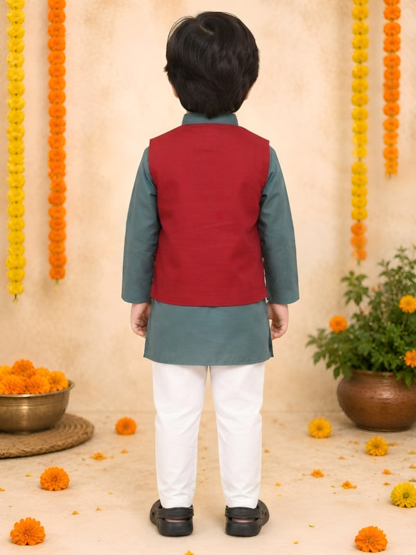 Polka Tots Full sleeves Traditional Embroidery Koti Kurta Pyjama - Grey