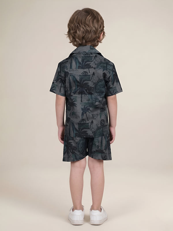 Polka Tots Half Sleeves Tropical print co-ord set - Black